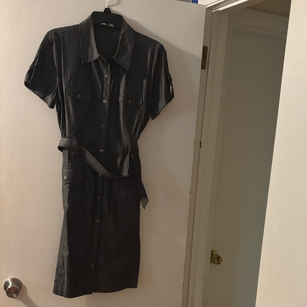 Grey Jean Button-Up Dress with Belt